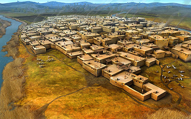 Impresión artística de las ruinas de Catal Hoyuk, asentamiento permanente del Neolítico. (c) Dan Lewandowski Catalhoyuk