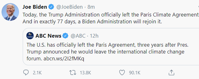Tweet de Joe Biden sobre el Acuerdo de París Tweet de Joe Biden sobre el Acuerdo de París