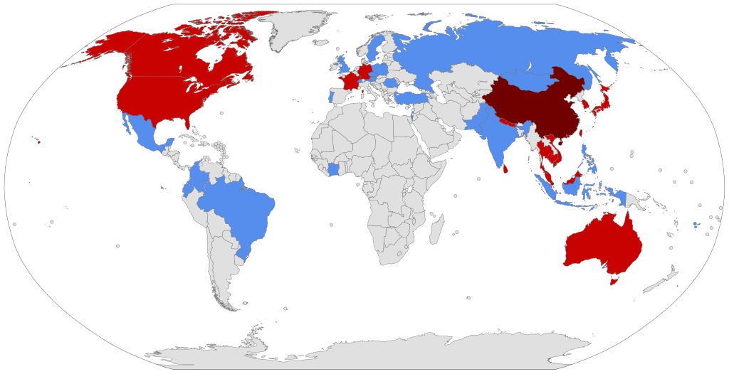 Distribución mundial del Cepa de 2019-nCoV. Rojo: confirmado, azul: sospechado Distribución mundial del Cepa de 2019-nCoV. Rojo: confirmado, azul: sospechado
