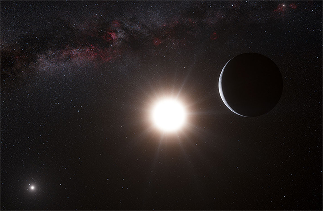 Alfa Centauri Bb, el nuevo exoplaneta con su estrella Alfa Centauri B. También se aprecian Alfa Centauri A, un brazo de la Vía Láctea y, en la esquina superior derecha, nuestro Sol. Imagen artística (cc) ESO/L. Calçada Alfa Centauri Bb