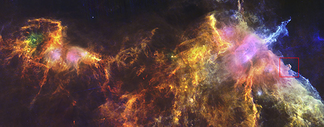 Imagen panorámica del Complejo Orión obtenida por el Observatorio Espacial Herschel. La nebulosa Cabeza de Caballo se ubica en la extrema derecha, dentro del recuadro rojo. ESA/Herschel/PACS Complejo Orión