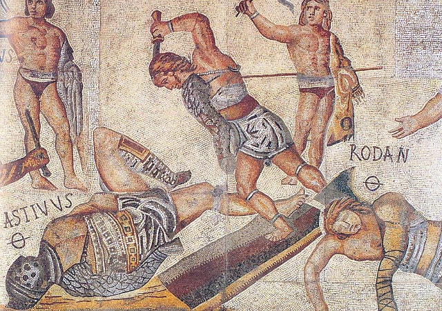 Mosaico del gladiador (detalle), mural del siglo IV descubierto cerca de Roma