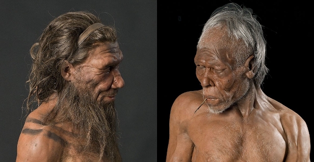 Recreaciones artísticas de un neandertal y un H. sapiens