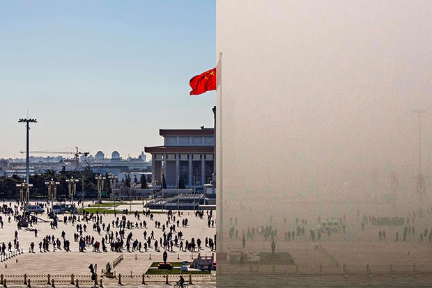 Día soleado y limpio y la contaminación en Pekín