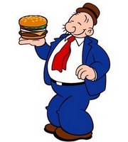 Pilón, amigo de Popeye, con una hamburguesa en mano